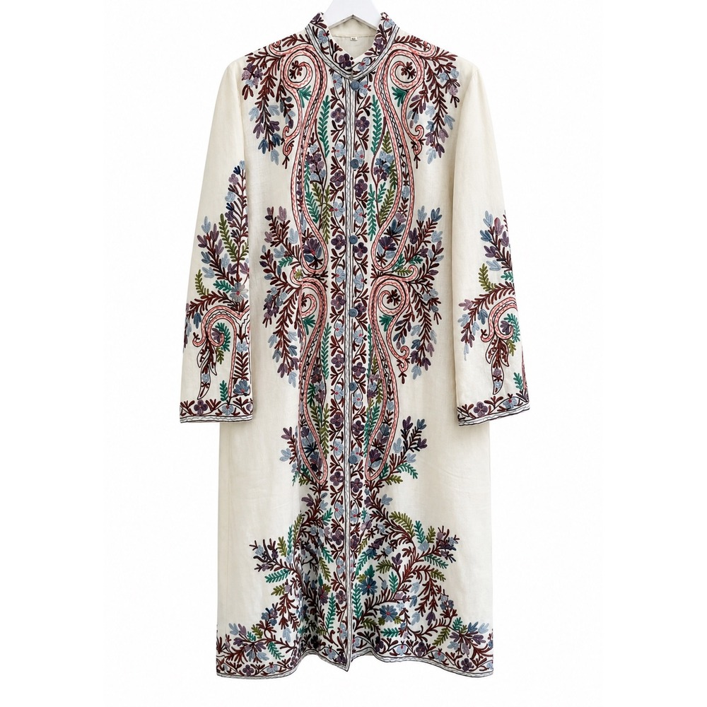 Woolen Coat Long Jacket Off-White, Multicolor Embroidery Size 46 (14, XL) Boho